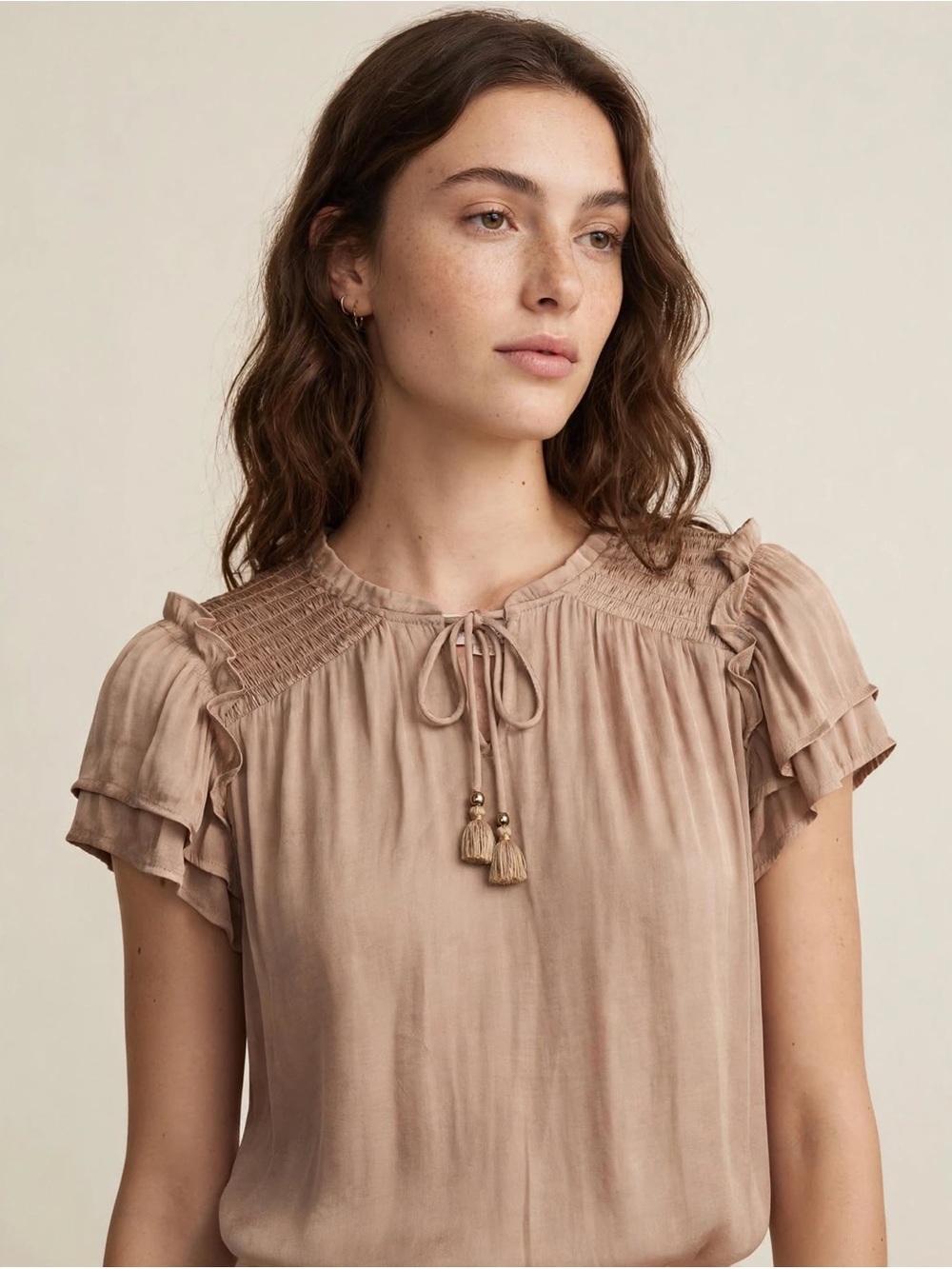 Philosophy Taupe Tie-Neck Ruffle Sleeve Blouse